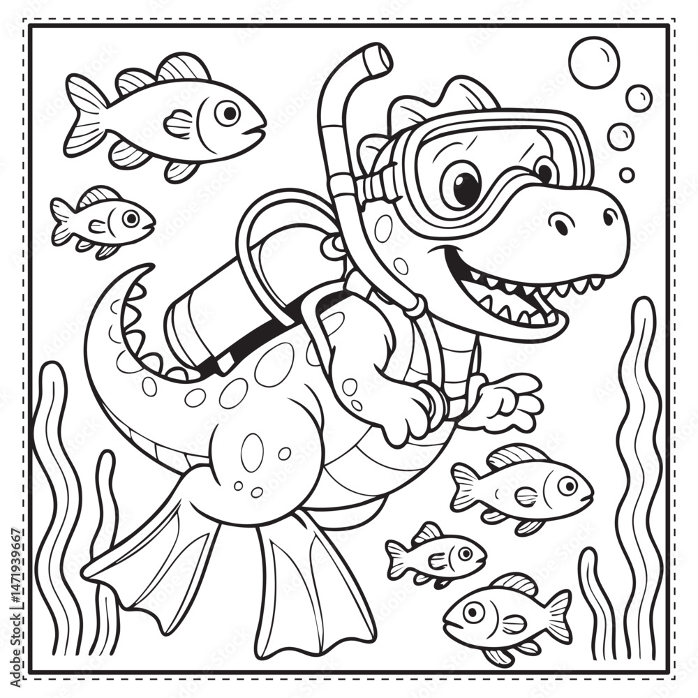 Obraz premium Scuba Diving Dinosaur Coloring Page Fun Underwater Adventure Illustration for Kids