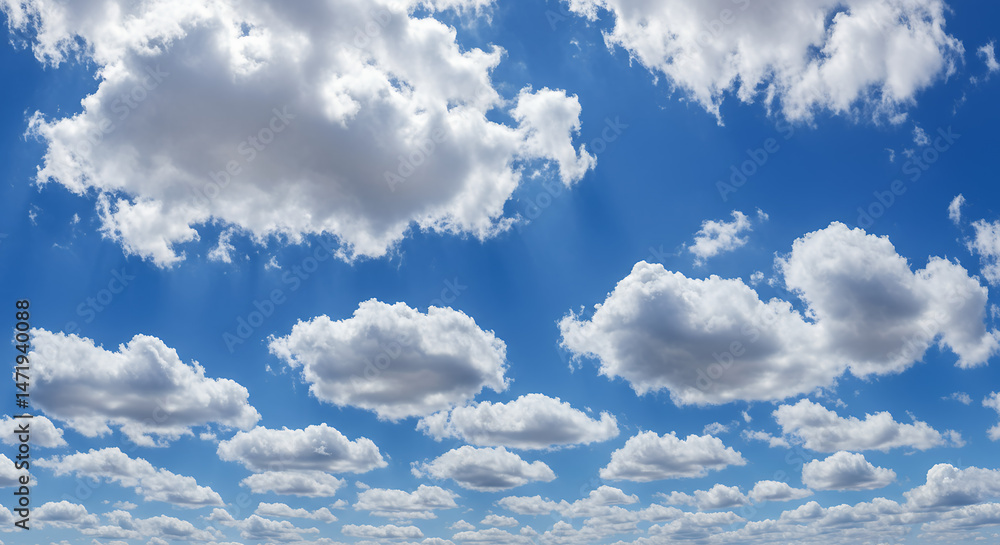 Fototapeta premium Cumulus Clouds Delight: A Vast Blue Sky Canvas Painted with Fluffy White Wonders!