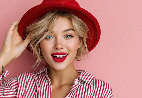A young woman holds up her red hat and smiles, wearing pink striped on a pastel background.