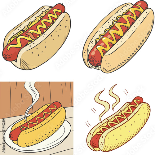 Delicious Hot Dogs with Mustard A Collection of Four Illustrated Designs