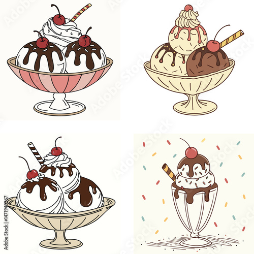 Delicious Ice Cream Sundaes in Various Bowls and Glasses