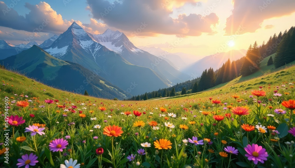 Fototapeta premium Serene mountain meadow bursting with wildflowers under a vibrant sky , scenic, flora
