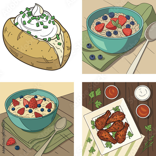 A Delicious Quartet of Food Illustrations Baked Potato Berry Oatmeal and Chicken Wings