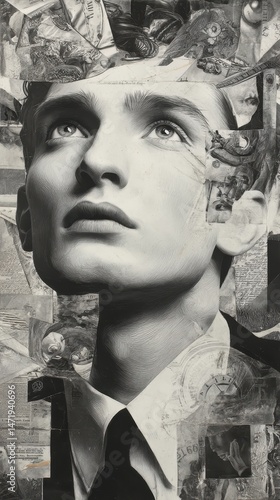 Intriguing portrait collage of a man gazing upward.