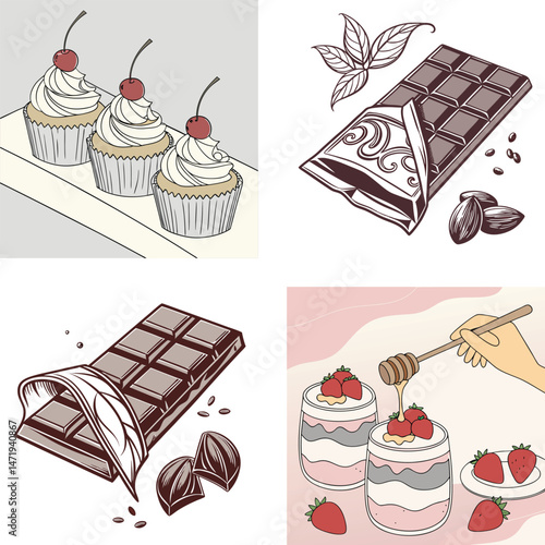 Delicious Treats Collage Featuring Cupcakes Chocolate and Strawberry Parfaits