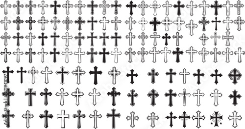 Extensive array of cross designs, showcasing different styles, shapes, and sizes. The crosses are presented in a monochrome color scheme, emphasizing their intricate details and unique characteristics