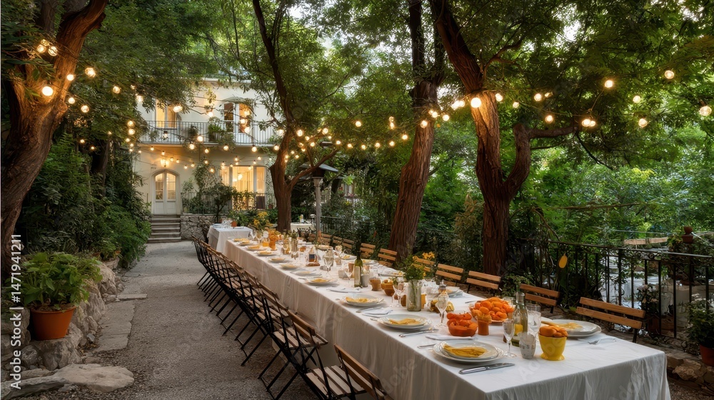 Fototapeta premium Outdoor Wedding Reception, Garden Party, Celebration under String Lights
