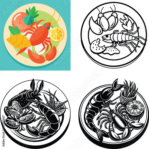 Seafood Platter Illustrations Colorful and Monochrome Designs