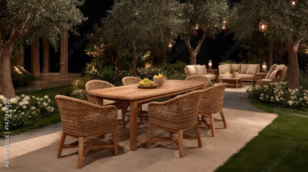 Obraz premium Outdoor Living, Luxury Patio, Garden Furniture, Evening, Elegant Setting