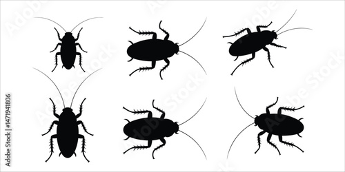 Six Cockroach Silhouettes on White Background Perfect for Pest Control or Entomology Designs