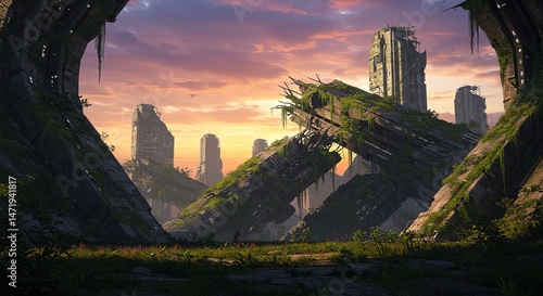 Fototapeta Naklejka Na Ścianę i Meble -  City ruins with sunset and overgrown vegetation