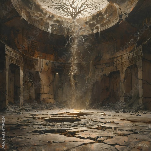 An ancient, abandoned Mesopotamian ziggurat's interior is illuminated by a glowing coral tree, highlighting intricate architecture and casting long shadows.