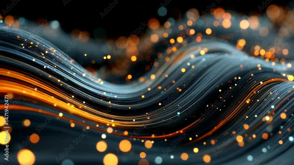 Dark, undulating parallel lines with bright orange light streams and luminous bokeh particles flow abstractly, creating depth