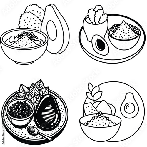 Four Line Drawings of Dishes Featuring Avocado and Caviar