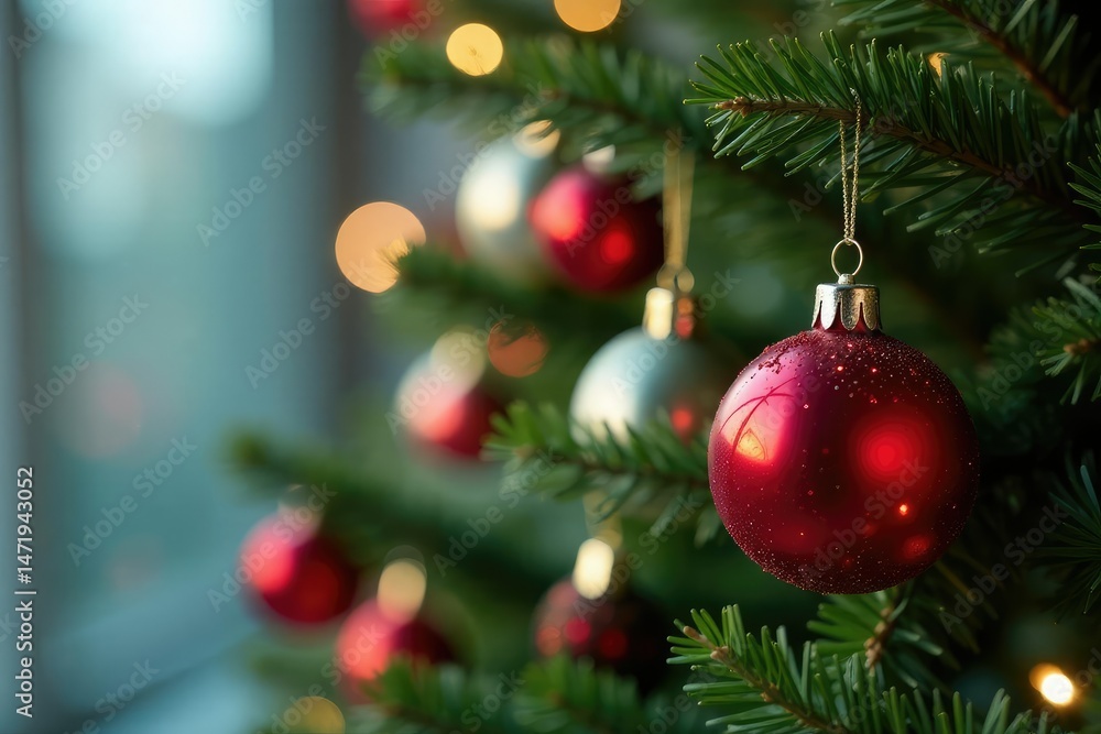 Fototapeta premium Festive Christmas ornaments hanging on a decorated tree , pine, cone, winter