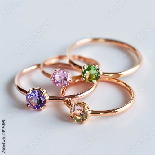 Wallpaper Mural Four rose gold rings with different colored gemstones, each showcasing a unique hue, set against a simple white background. Torontodigital.ca