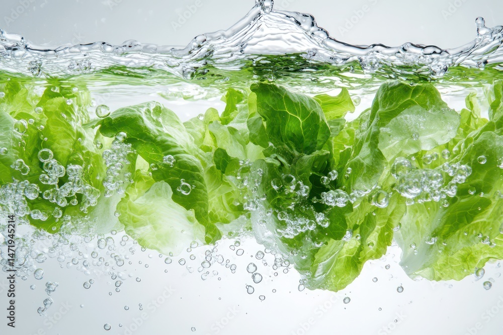 Lettuce Leaves Sinking into Water with Bubbles Lettuce Leaves Sinking into Water with Bubbles