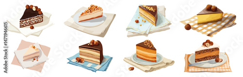 Set of  hazelnuts cake slice on napkin Flat Vector Illustration on Transparent Background