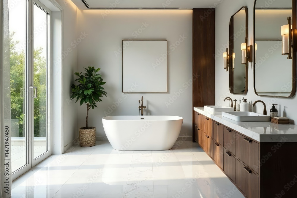 Fototapeta premium Luxurious vanity bathroom with freestanding tub, marble countertops, and modern fixtures , design, mirror, lighting