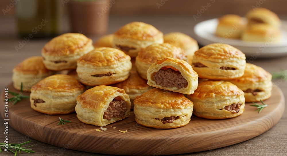 Sausage rolls on wooden board appetizer food Sausage rolls on wooden board appetizer food