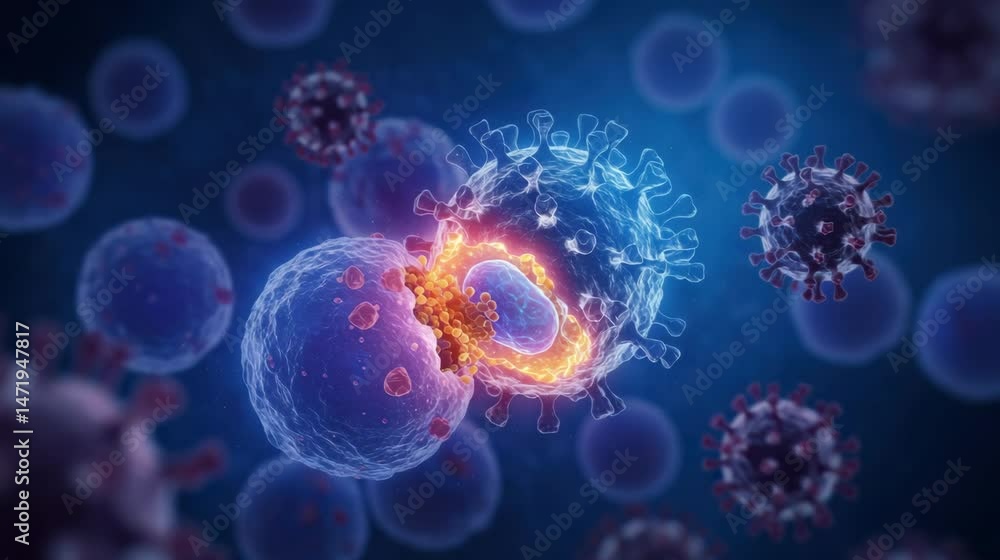 Microscopic View of Virus and Cell Interaction with Fluorescent Effect Microscopic View of Virus and Cell Interaction with Fluorescent Effect