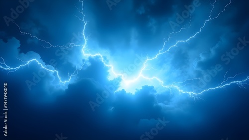 Dynamic blue background with lightning bolts radiating from the center creates a sense of movement and energy in a vibrant atmosphere