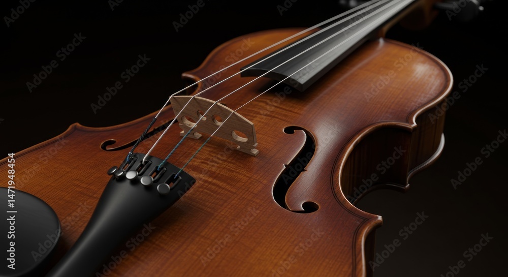 Fototapeta premium Detailed close up of a wooden violin against a dark background