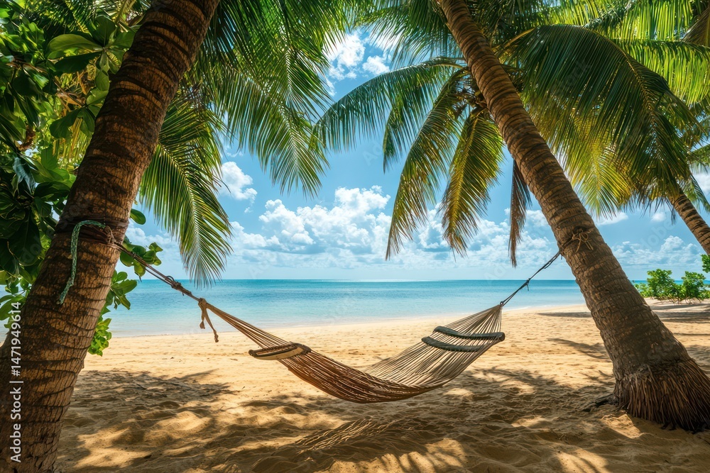 Fototapeta premium Tropical beach with hammock between palm trees