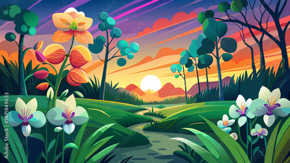 Sunset over a vibrant field of orchids flowers with a backdrop of dark green trees in a tranquil outdoor setting Very beautiful Sunset over a vibrant field of orchids flowers with a backdrop of dark green trees in a tranquil outdoor setting Very beautiful