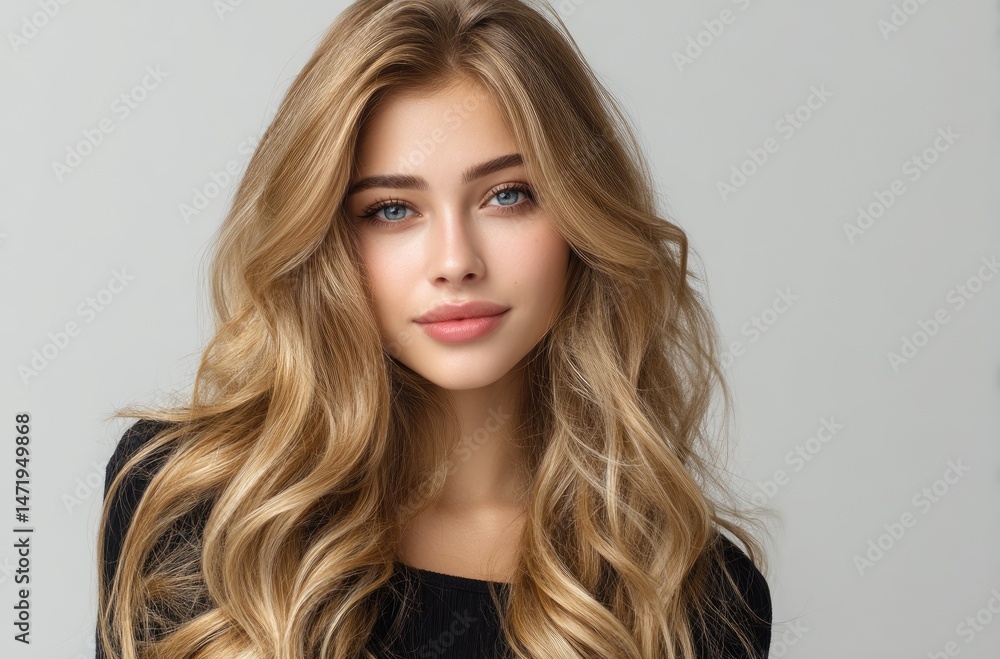 Fototapeta premium A beautiful woman with long, wavy hair in an elegant black dress poses for the camera on a gray background