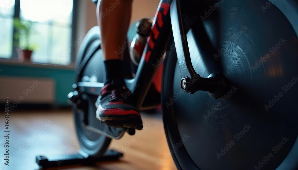 Close-up of spinning bike pedals during an intense indoor cycling workout, sweat droplets visible , pedals, lifestyle, healthy Close-up of spinning bike pedals during an intense indoor cycling workout, sweat droplets visible , pedals, lifestyle, healthy