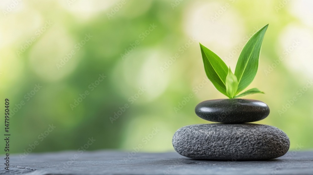 Obraz premium Zen garden scene with two smooth gray stones and vibrant green leaves atop, set against a blurred green background, conveying serenity and balance. : Generative AI