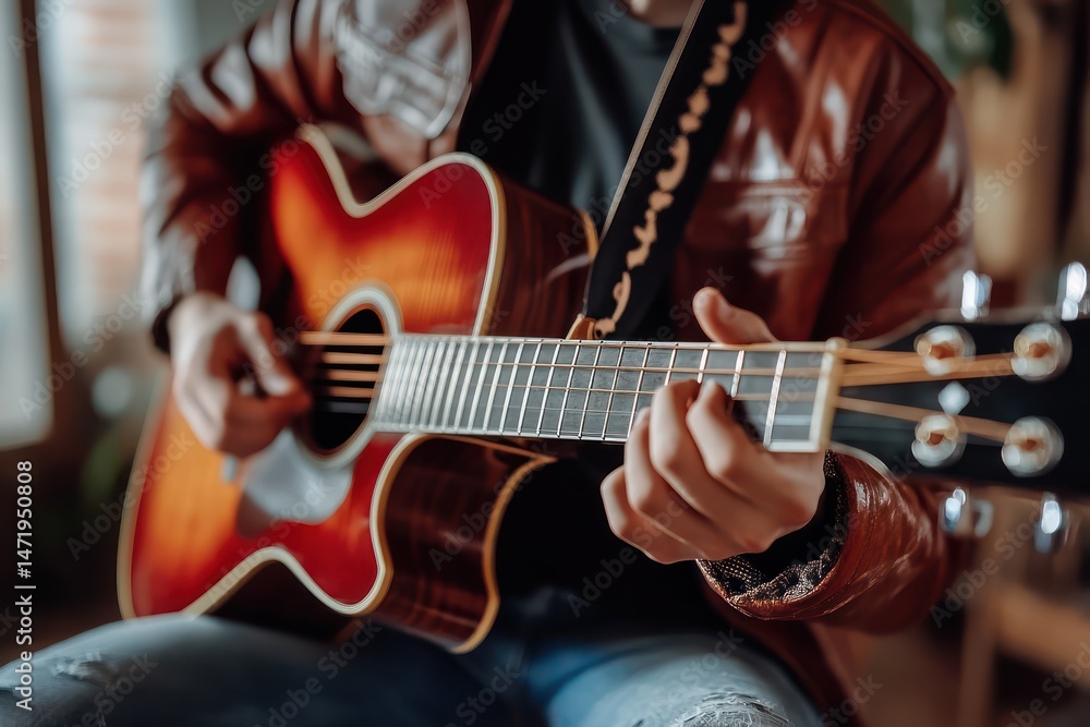 Obraz premium Music teacher giving online guitar lesson from home