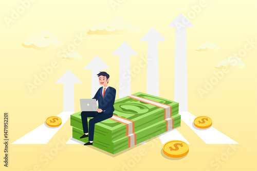 Man working with computer on banknote money growing graph, Increase income or salary raise, growing investment, wealth or saving profit, revenue rising, improvement or accumulate wealth concept