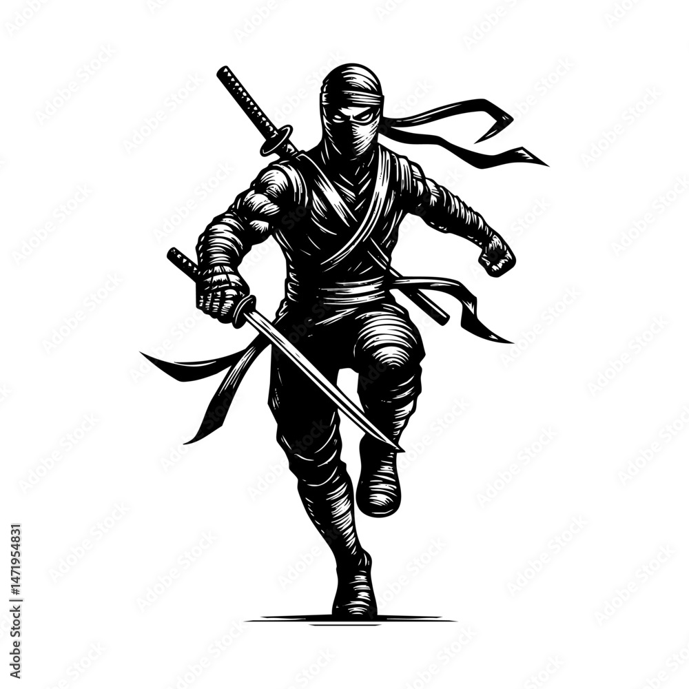 Fototapeta premium Ninja holding sword sketch engraving black and white outline. Scratch board imitation. illustrated in vintage line art style on a white background.