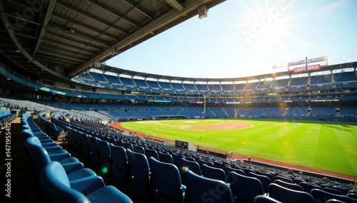 Empty baseball stadium seats, bright sunlight, green field Ready for game day , landscape, lights