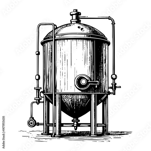 Beer brewing process factory sketch engraving black and white outline. Scratch board imitation.