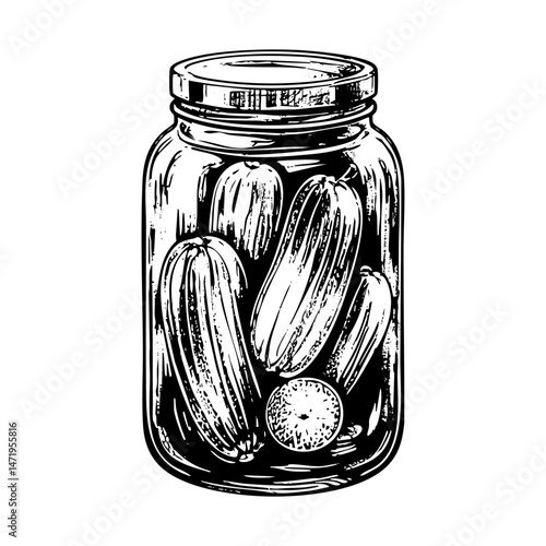 Cucumber pickle in jar engraving black and white outline. Scratch board imitation.