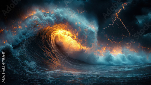 Dramatic ocean wave with fiery, glowing core and stormy skies, capturing the raw power and intense energy of nature in motion.  
