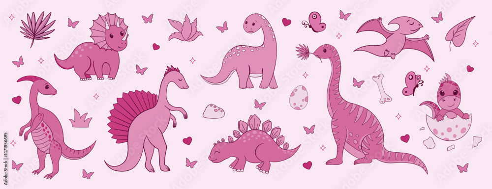 Obraz premium Cute Pink Dinosaurs Girly Vector Set.
