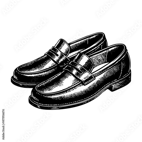 Pair of shoe loafer sketch engraving black and white outline. Scratch board imitation.  illustrated in vintage line art style on a white background.