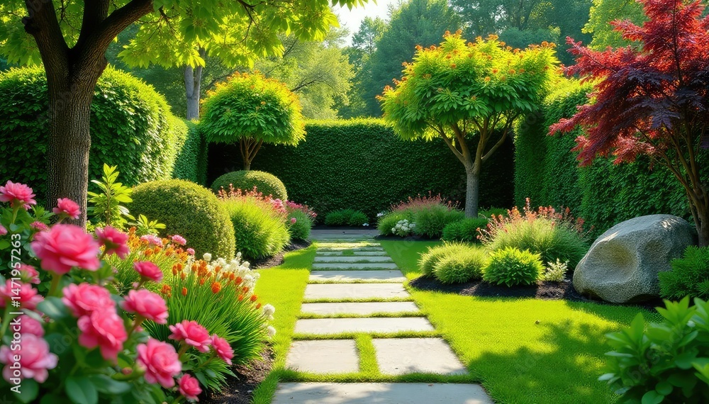Obraz premium Serene backyard oasis, lush landscaping with stone pathway and vibrant flowers , curb appeal, perspective, aesthetic