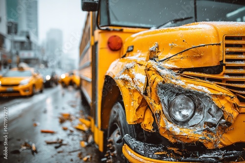 Yellow School Bus After Accident with Broken Headlight, Debris on Wet City Street, Cars Passing