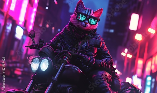 A cool cat wearing glasses rides a futuristic motorcycle