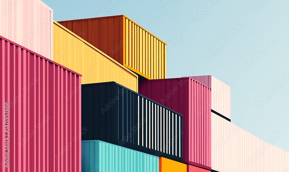 Colorful Stacked Shipping Containers Against a Bright Blue Sky Background