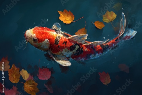 Wallpaper Mural Colorful koi fish surrounded by autumn leaves in still water. Torontodigital.ca