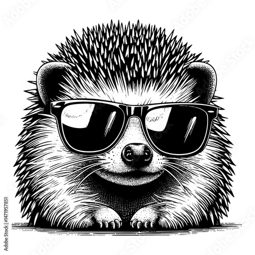 Hedgehog wear sunglasses sketch engraving black and white outline. Scratch board imitation.