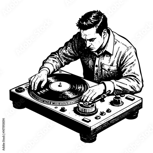 Man dj sketch engraving black and white outline. Scratch board imitation.  illustrated in vintage line art style on a white background.