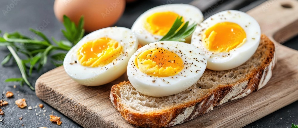 Wooden cutting board with four hard-boiled eggs on it. the eggs are arranged in a triangular formation, with the largest egg in the center and two smaller ones on either side. Wooden cutting board with four hard-boiled eggs on it. the eggs are arranged in a triangular formation, with the largest egg in the center and two smaller ones on either side.
