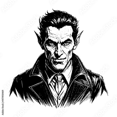 Dracula vampire sketch engraving black and white outline. Scratch board imitation.  illustrated in vintage line art style on a white background.